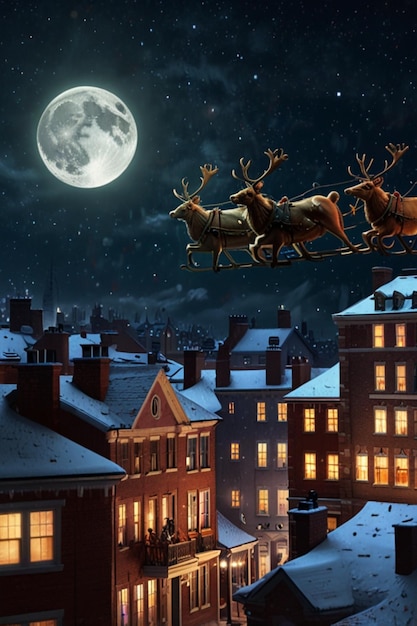 a scene with reindeer and the moon in the background