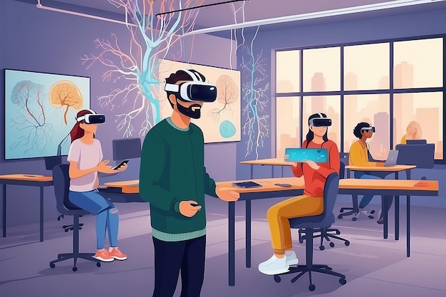 a scene with students using VR simulations to explore the human nervous system vector illustration in flat style