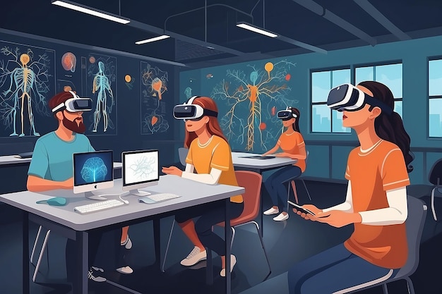 a scene with students using VR simulations to explore the human nervous system vector illustration in flat style