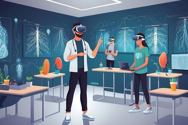 a scene with students using VR simulations to explore the human nervous system vector illustration in flat style