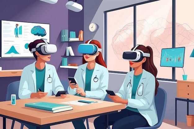 a scene with students using VR simulations to study the human endocrine system vector illustration in flat style