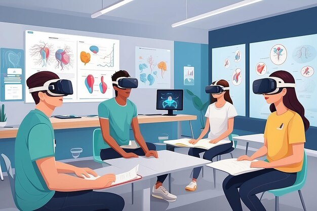 a scene with students using VR simulations to study the human endocrine system vector illustration in flat style