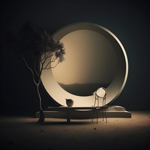 A scene with a tree and a chair in the middle of it.