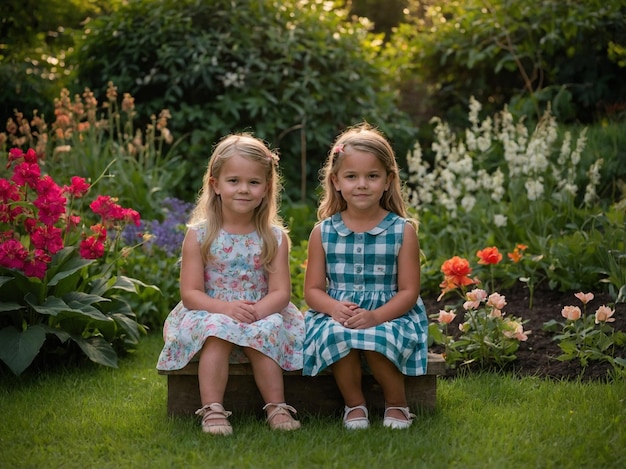 Photo scene with two girls in the garden