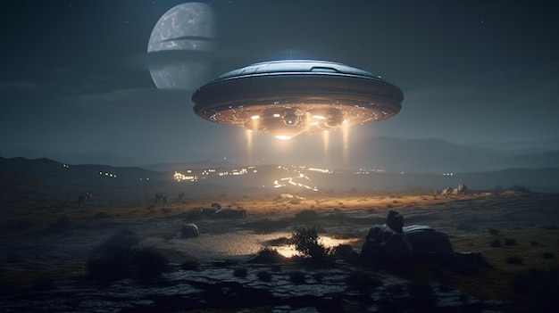 A scene with a ufo flying over a landscape with a man sitting on a bench.