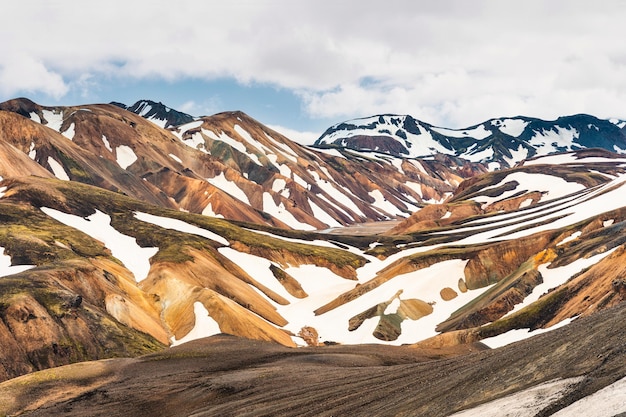 Scenery of Blahnjukur trail with volcanic mountain and snow covered in Fjallabak nature reserve on Icelandic highlands at Landmannalaugar Iceland