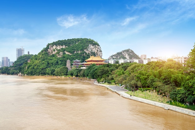 The scenery on both sides of the Liujiang River, the urban landscape of Liuzhou, Guangxi, China.