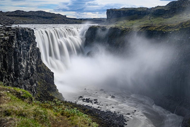 Scenery Dettifoss waterfall. Long exposure shot