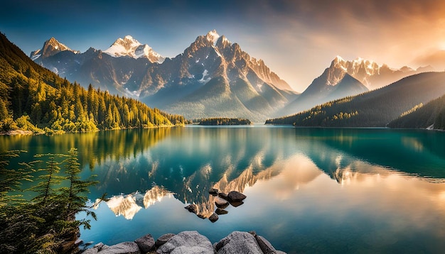 Photo scenery of high mountain with lake and high peak