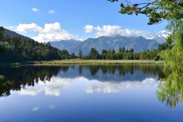 Scenery lake and mountain with blue sky in holiday for relax