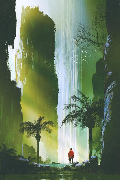 Photo scenery of a man looking at the magnificent waterfall in rock cave with beautiful sun light,illustration painting