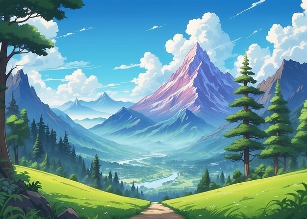 Scenery with towering trees majestic mountains and a captivating sky