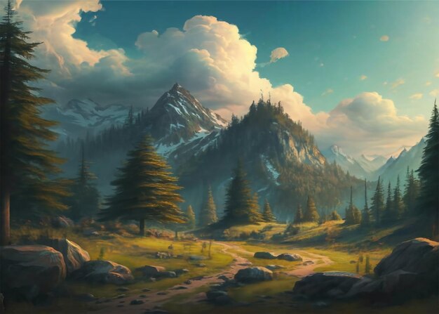 Scenery with towering trees majestic mountains and a captivating sky