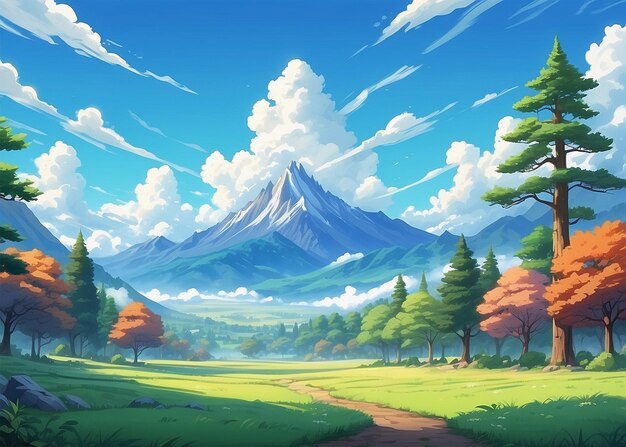 Scenery with towering trees majestic mountains and a captivating sky