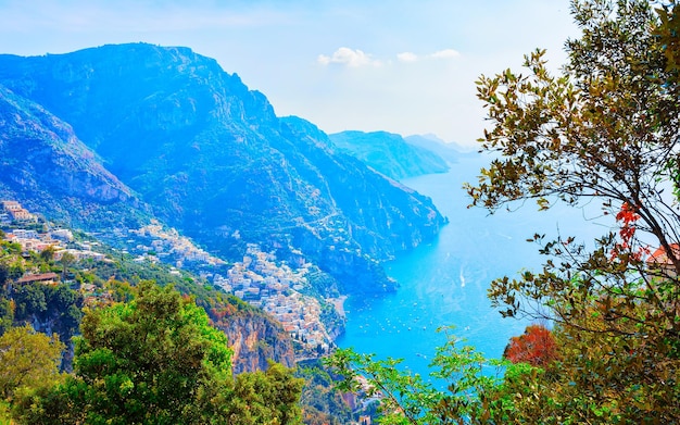 Scenery with walk on Path of Gods in Italy at Naples. Amalfi coast and landscape with Blue Tyrrhenian Sea at Italian Positano. Panorama of Amalfitana coastline in Europe. View in summer.