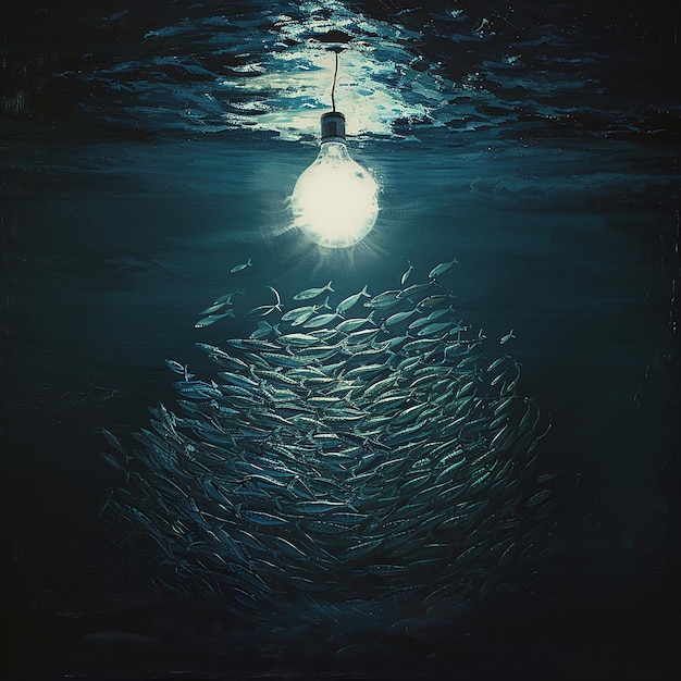 Scenes A dark still ocean surface at night The Bulb A large round bulb is suspended just above