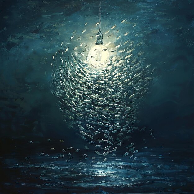 Scenes A dark still ocean surface at night The Bulb A large round bulb is suspended just above