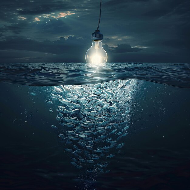 Scenes A dark still ocean surface at night The Bulb A large round bulb is suspended just above