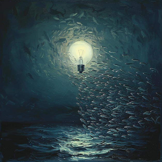 Scenes A dark still ocean surface at night The Bulb A large round bulb is suspended just above