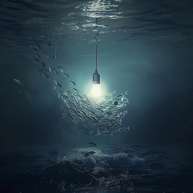 Scenes A dark still ocean surface at night The Bulb A large round bulb is suspended just above