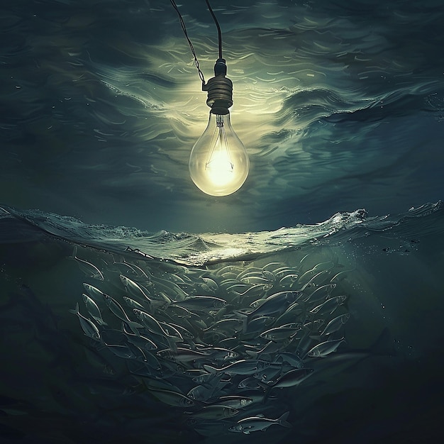 Scenes A dark still ocean surface at night The Bulb A large round bulb is suspended just above