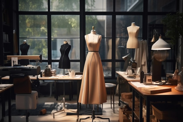 Behind the Scenes of Elegance Fashion Design Studio Unveils Tailor's Workspace Featuring a Mannequin Draped in the Latest Dress CreationxA