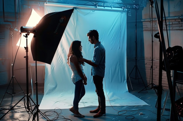 Photo behind the scenes of a professional photo shoot in a studio