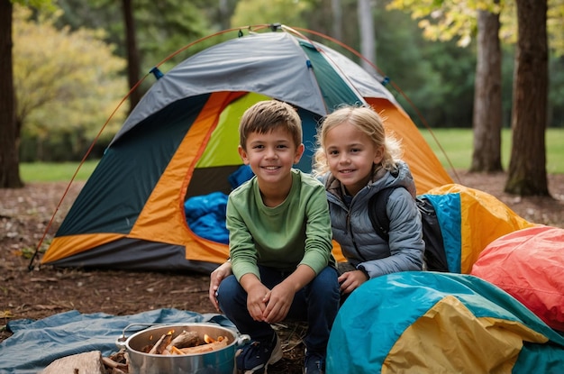 Photo scenes with kids camping in the park