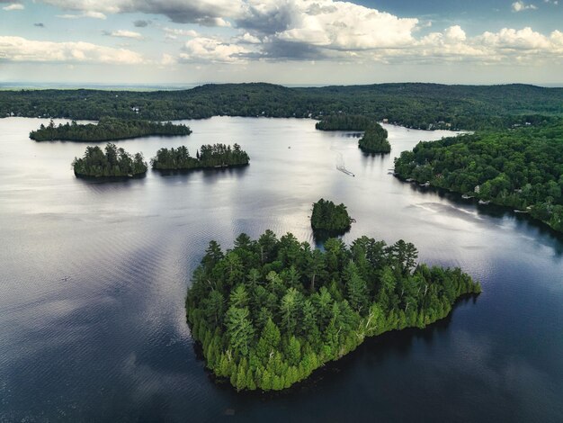 Scenic aerial view of the 14 Island Lake, Saint-Hippolyte, Quebec, Canada