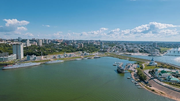 Scenic aerial view of cheboksary capital city of chuvashia russia and a port on the volga river on s