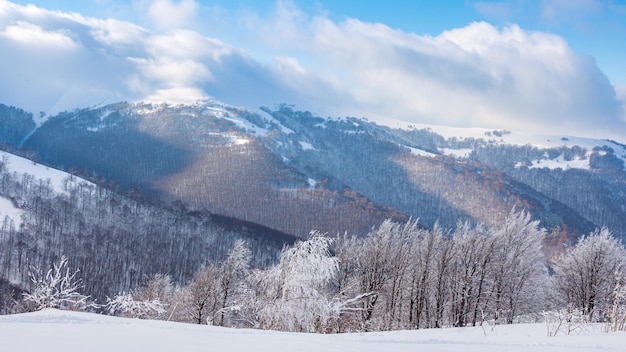 Scenic Aerial View of High Mountains Peaks Range Epic Landscape in Sunny Winter Day Time Lapse Video with Blue Sky Fog and Snow 4K Background Pan Shot of Carpathian Mountain in Ukraine