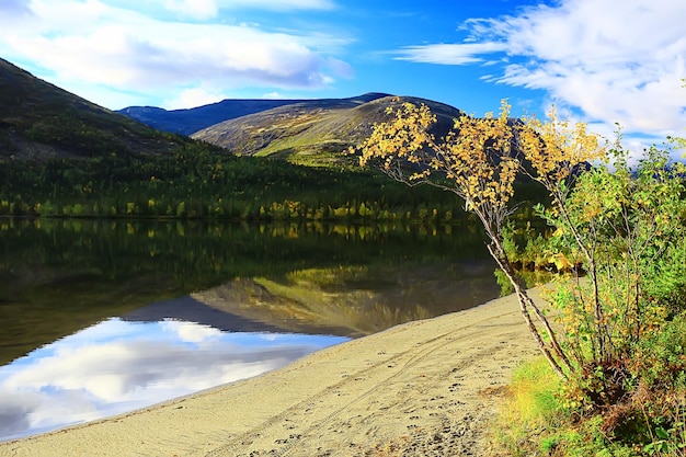 scenic, autumn landscape trees and forest river and lake, nature view fall background