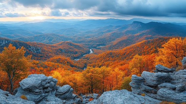 Scenic autumn landscape with vibrant foliage and distant mountains