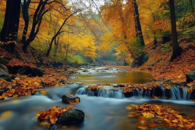 Photo scenic autumn river flowing through a forest with vibrant leaves near a tranquil waterfall