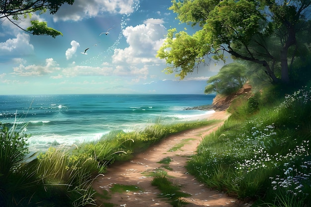 Scenic Beach Path with Flowering Trees and Ocean View A digital art landscape of a path to the ocean