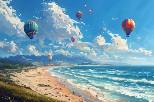 Scenic Beach with Hot Air Balloons Vibrant Coastal Adventure