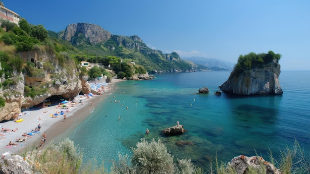 Scenic Beachscape with Clear Blue Waters and a Majestic Rock Formation