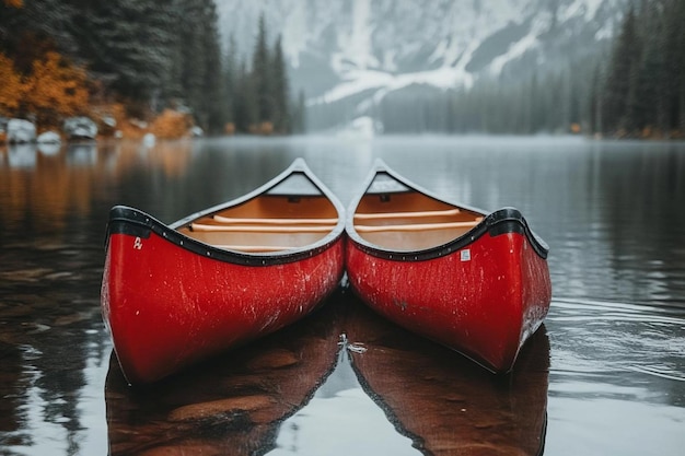 Photo scenic canoes on reflective water with mountain photo