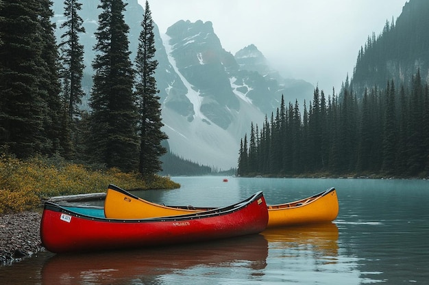 Scenic Canoes on Tranquil Water with Majestic Mountains photo