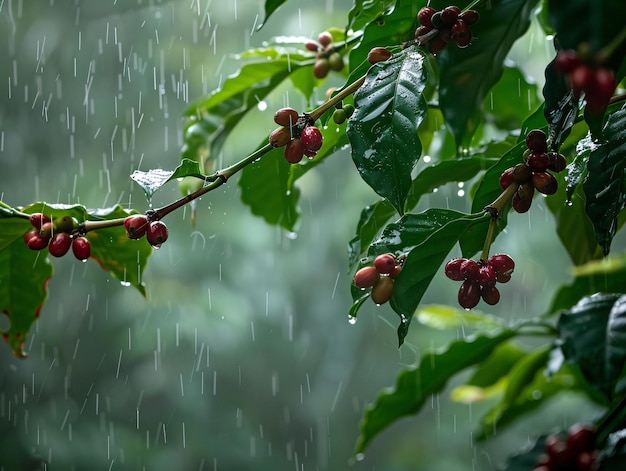 A scenic capture of a coffee tree branch with mature coffee beans covered in rain droplets surrounded by lush green leaves with the gentle rain falling and creating a serene moist environment