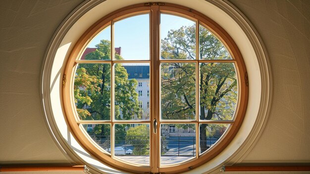 Scenic Circular Window with Tree and Urban View Natural Light and Architecture