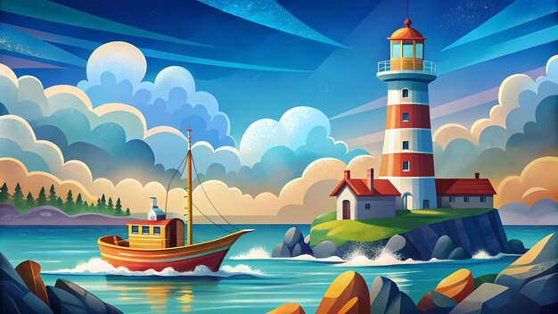 Photo scenic coastal lighthouse with boat in vibrant colors and clouds