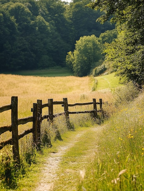 Photo scenic country pathway through lush green fields and rustic fence