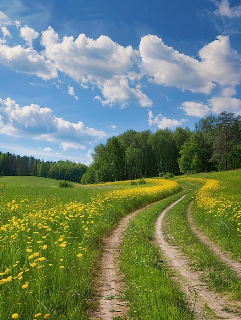 Photo scenic country road through vibrant yellow wildflowers under a blue sky