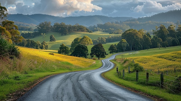 Scenic Country Road Winding Through Lush Green Hills and Fields