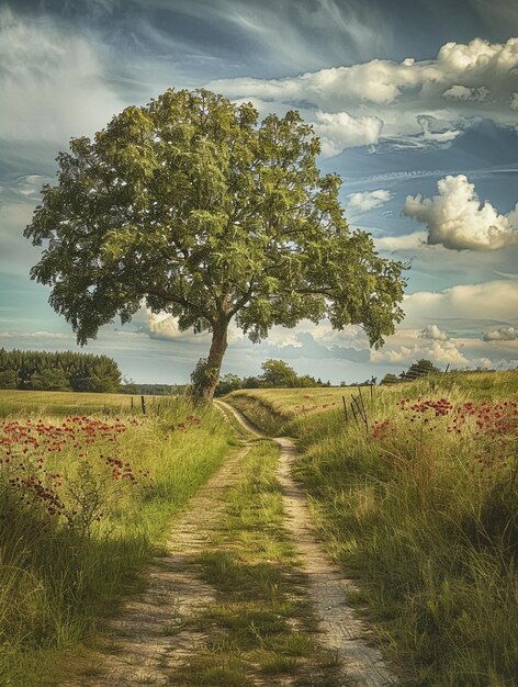 Scenic Country Road with Lone Tree and Wildflowers Under Dramatic Sky