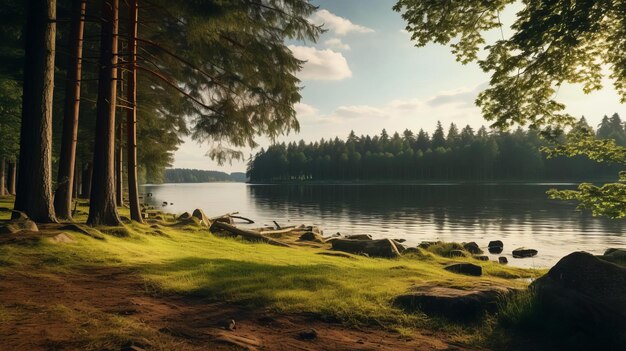 Photo scenic countryside landscape of a serene lake and pine trees