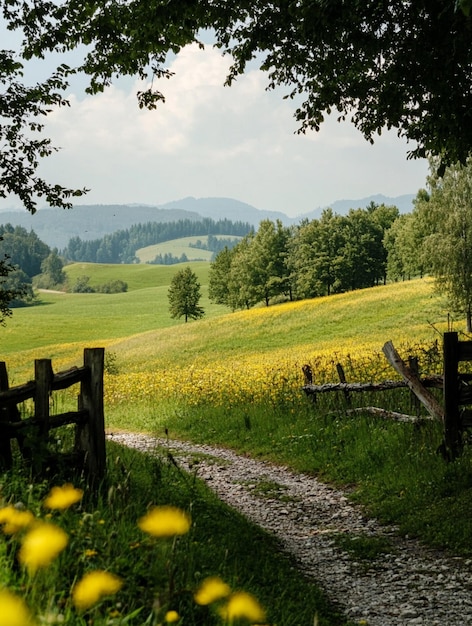 Photo scenic countryside pathway through vibrant wildflower fields