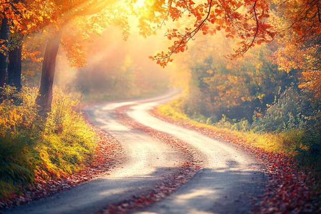 Photo a scenic countryside road winds through colorful fall foliage with soft sunlight illuminating the pa