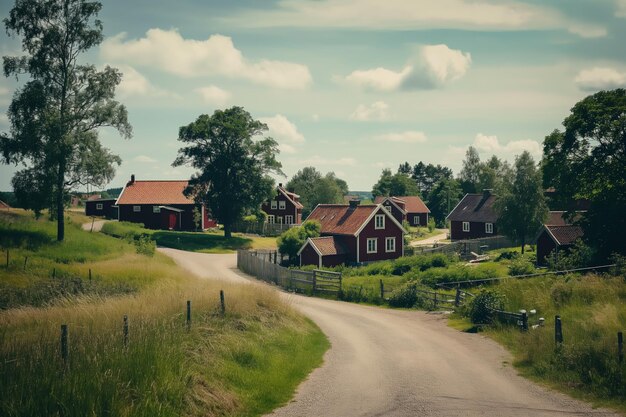 Photo scenic countryside road with traditional red houses and lush green landscape